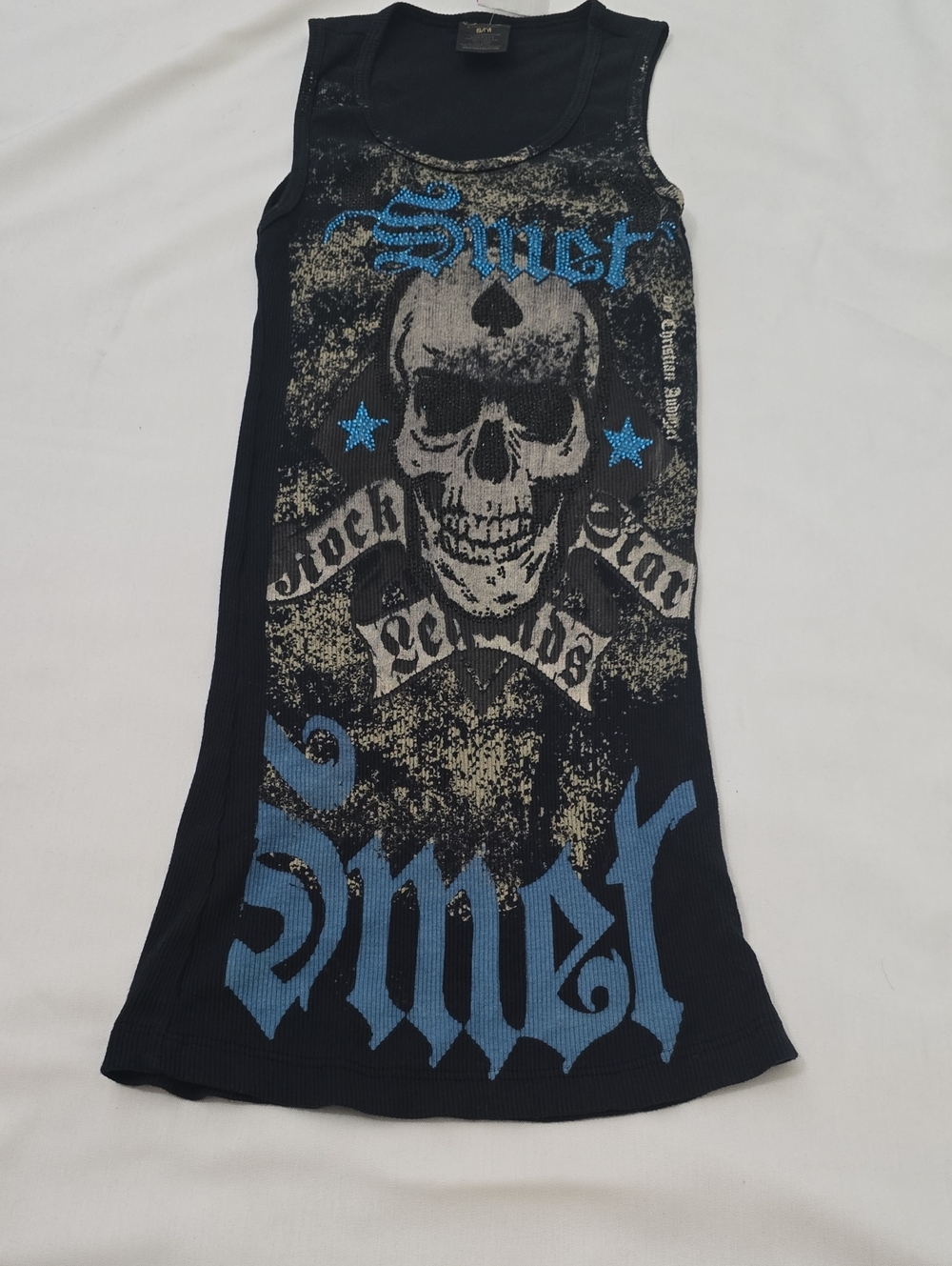 SMET By Christian Audigier Black Ribbed Mini Skirt with Blue & Cream Skull Print